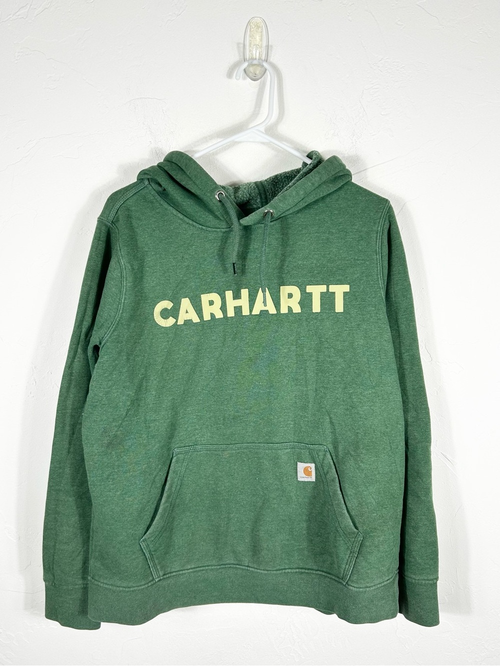 👁️ Carhartt Relaxed Fit Heather Green Logo Chest Graphic Hoodie Women's L